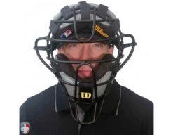 Wilson MLB Black Dyna-Lite Aluminum Umpire Mask With Black And Grey Wrap Around -Move Gear Shop A3009 AL BK GY Worn Front with Black Shirt