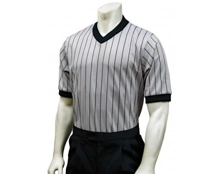 Smitty Grey V-Neck Performance Mesh Referee Shirt With Black Pinstripes 1 Smitty Grey V-Neck Performance Mesh Referee Shirt With Black Pinstripes