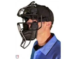 Diamond Matte Black Big League Aluminum Umpire Mask With Leather 10 Diamond Matte Black Big League Aluminum Umpire Mask With Leather -Move Gear Shop DFM BL Diamond Big League Aluminum Umpire Mask with Leather Worn Front Angled View