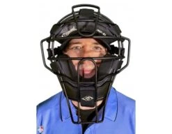 Diamond Matte Black Big League Aluminum Umpire Mask With Leather 9 Diamond Matte Black Big League Aluminum Umpire Mask With Leather -Move Gear Shop DFM BL Diamond Big League Aluminum Umpire Mask with Leather Worn Front View