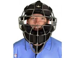 All-Star Silver Magnesium Umpire Mask With Black LUC 12 All-Star Silver Magnesium Umpire Mask With Black LUC -Move Gear Shop FM4000MAG UMP SV BK All Star Magnesium Umpire Mask with Black LUC Worn Front View