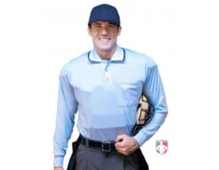 Front Page -Move Gear Shop S308 PB Smitty Long Sleeve Body Flex Umpire Shirt Powder Blue CP Worn