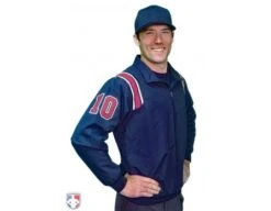 Smitty Traditional Half-Zip Umpire Jacket - Navy And Red 6 Smitty Traditional Half-Zip Umpire Jacket - Navy And Red -Move Gear Shop S320 N R Smitty Traditional Half Zip Umpire Jacket Navy with Red and White Worn Front Angled View with Numbers
