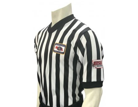 Nebraska (NSAA-NHSOA) 1" Stripe Body Flex Men's V-Neck Referee Shirt With NHSOA Logo 1 Nebraska (NSAA-NHSOA) 1" Stripe Body Flex Men's V-Neck Referee Shirt With NHSOA Logo