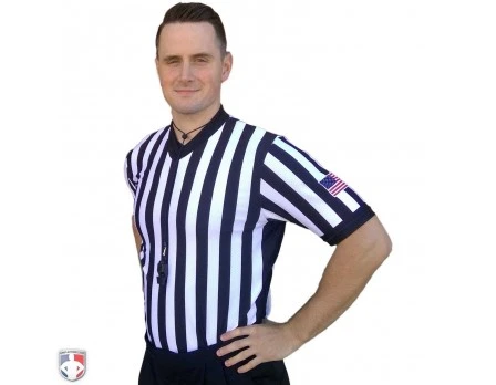Smitty 1" Stripe Body Flex V-Neck Referee Shirt With Side Panels & USA Flag 1 Smitty 1" Stripe Body Flex V-Neck Referee Shirt With Side Panels & USA Flag