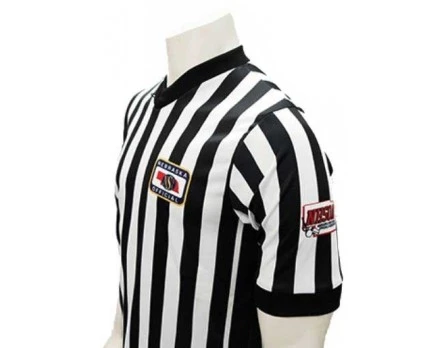 Nebraska (NSAA-NHSOA) 1" Stripe Body Flex Men's V-Neck Referee Shirt With NHSOA Logo & Side Panels 1 Nebraska (NSAA-NHSOA) 1" Stripe Body Flex Men's V-Neck Referee Shirt With NHSOA Logo & Side Panels
