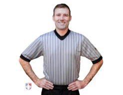 Smitty Body Flex Grey V-Neck Referee Shirt With Black Pinstripes And USA FLAG