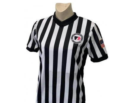 Iowa Girls (IGHSAU) 1" Stripe Body Flex Women's V-Neck Referee Shirt With Side Panels 1 Iowa Girls (IGHSAU) 1" Stripe Body Flex Women's V-Neck Referee Shirt With Side Panels